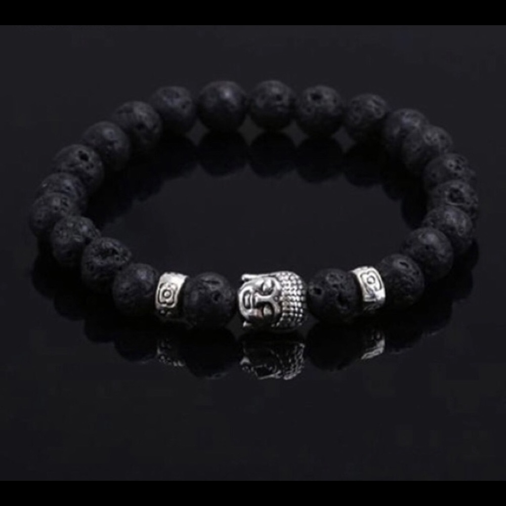 New!! Mens Black Buddha Lava Elastic Bracelet